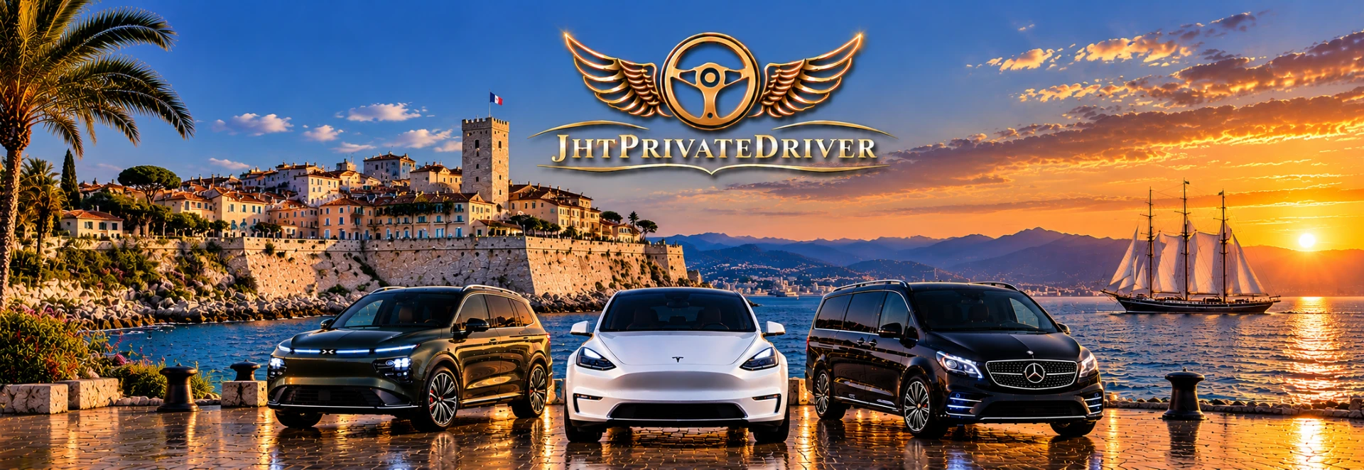 Tesla blanche, XPeng G9 vert nuit et Mercedes-Benz Classe V noir devant les remparts d’Antibes, au coucher du soleil, avec le logo doré JHTPRIVATEDRIVER
